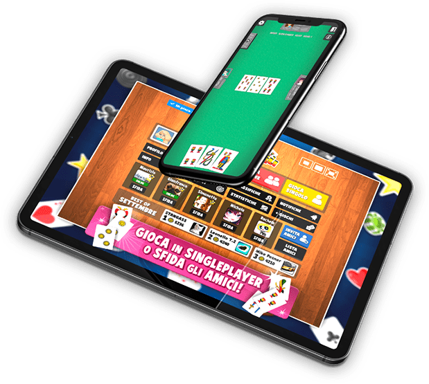 Immagine che mostra due dispositivi mobili col gioco di Scopa Più sui loro schermi.